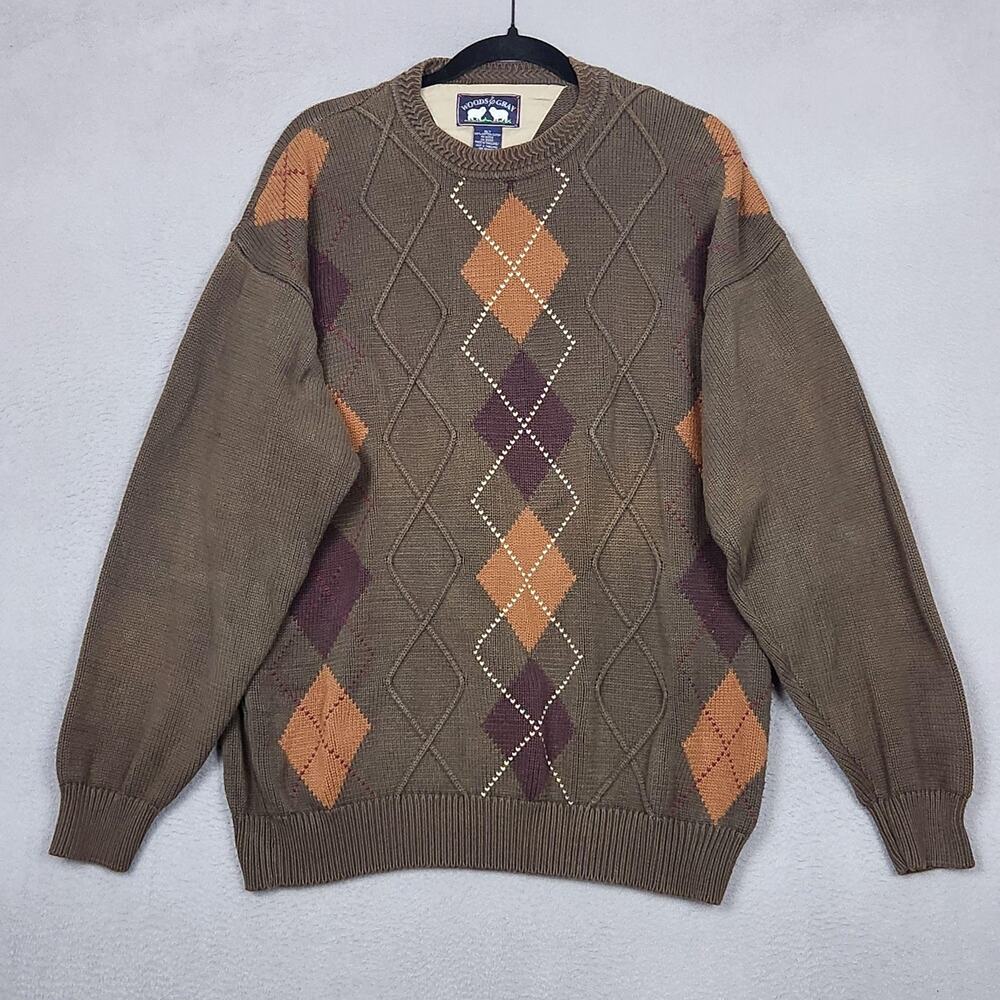Woods & Gray Sweater Mens XLT Green 100% Cotton Argyle Crewneck Knit Pullover
